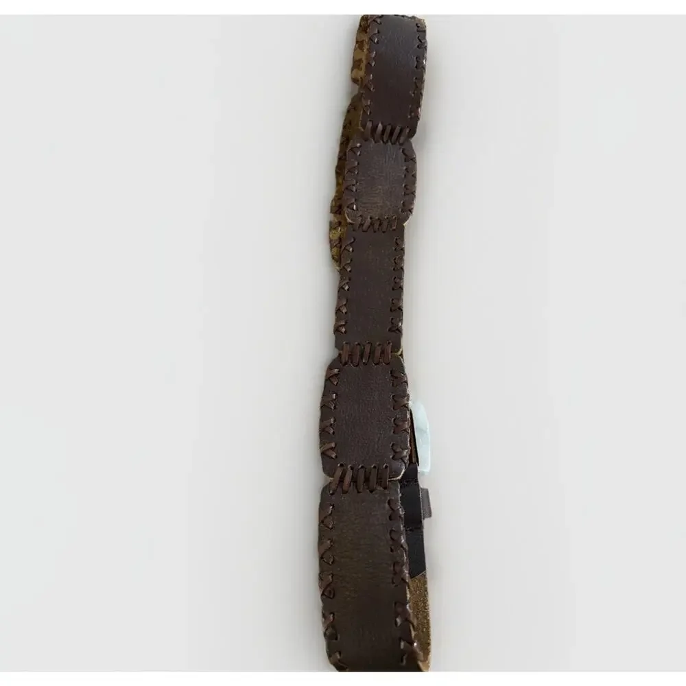 Unisex Stitched Leather Belt Brown Distressed 33-36” Waist 2” Wide